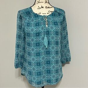 St. John's Bay Teal Patterned Blouse with Tassel Size S